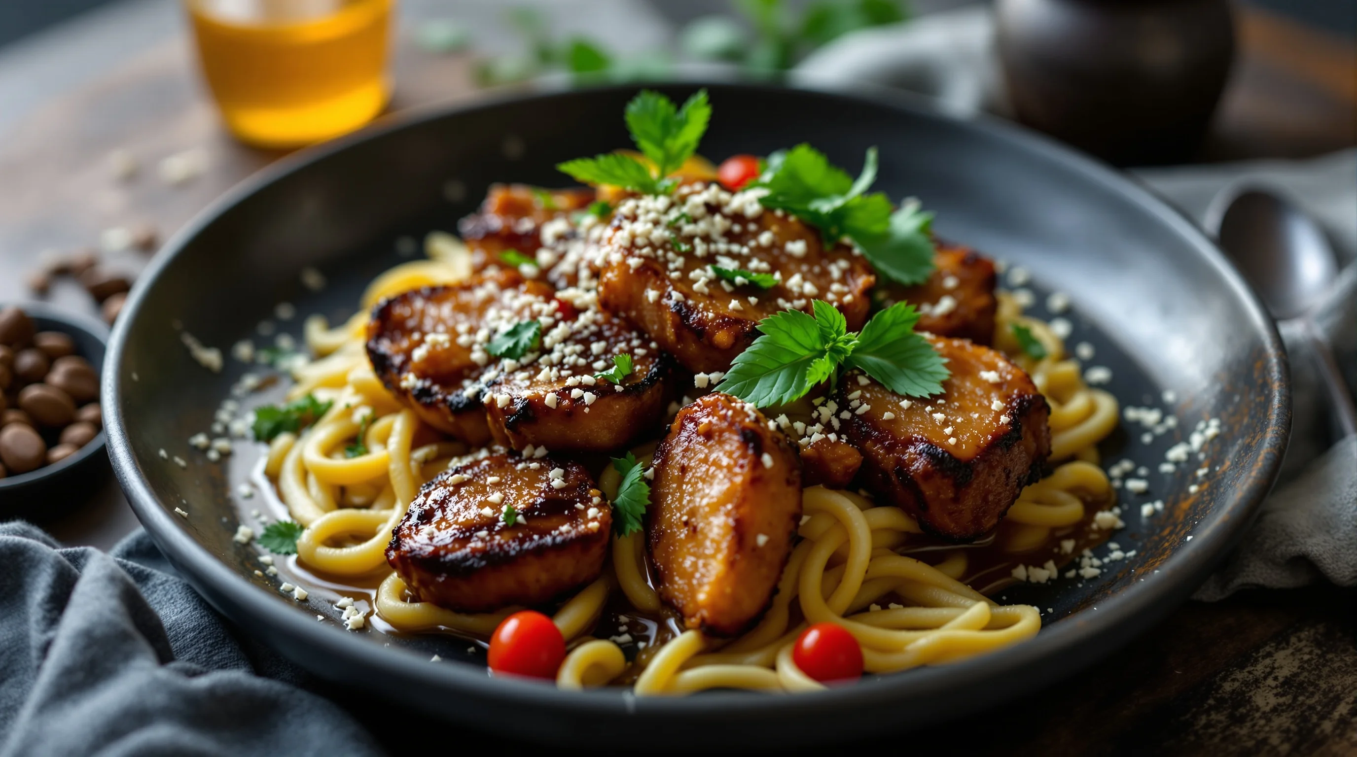 Top-down angled shot of dark chocolate torte on dark wood, lit from one side by a diffused window