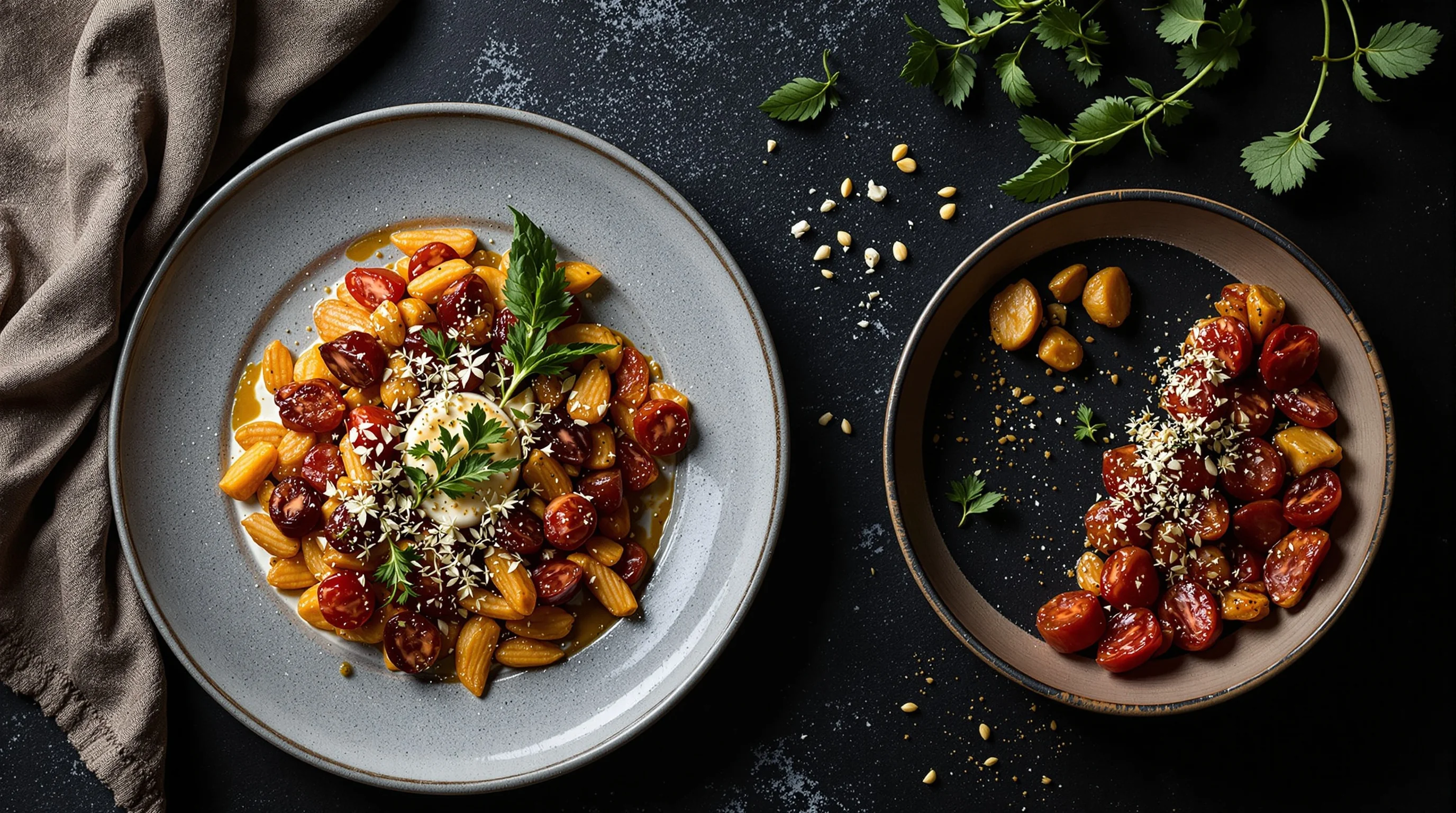 Step-by-step flatlay showing diffuser, black cards, reflector and styled plate