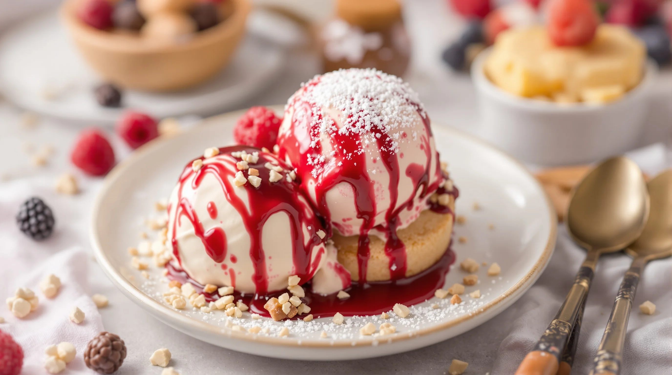 Close-up of a melting scoop of ice cream with a chilled plate and styled props
