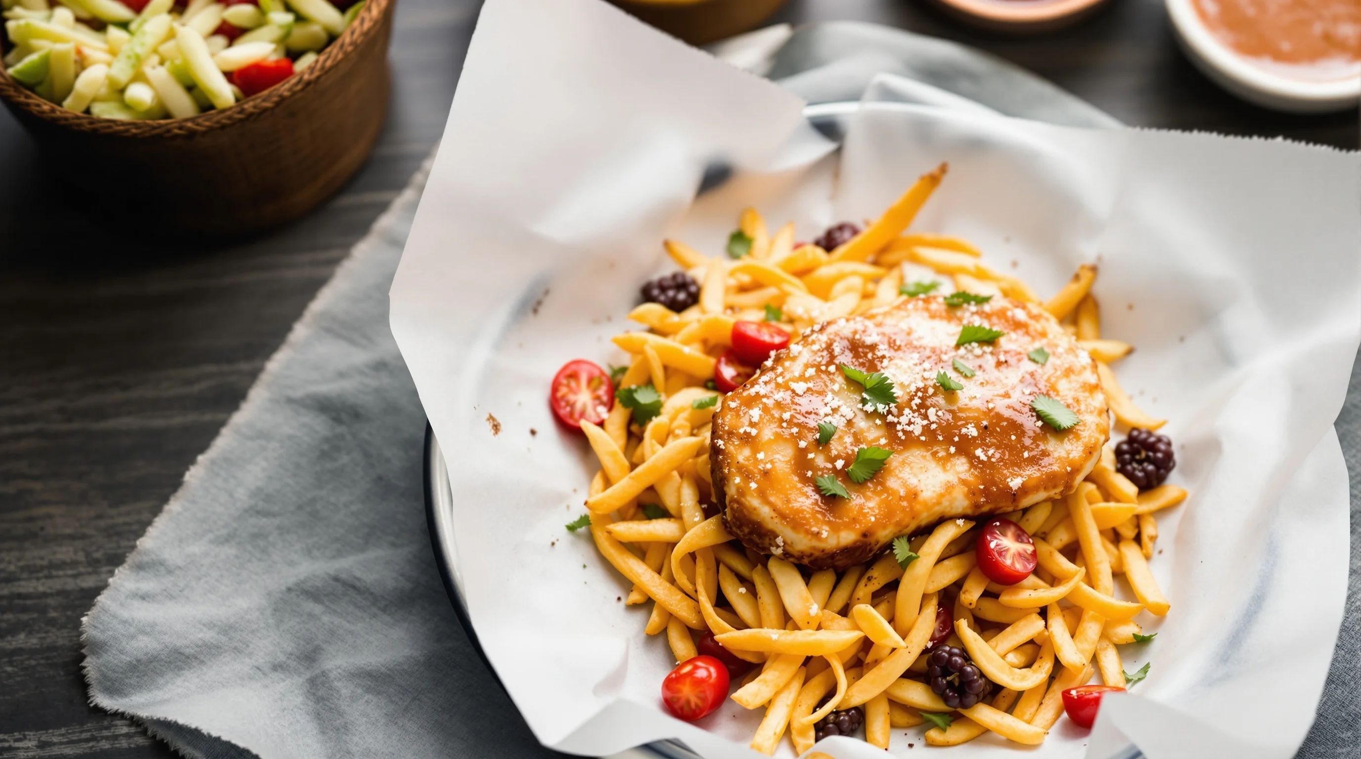 Overhead shot of a plated burger on a neutral background, bright natural light