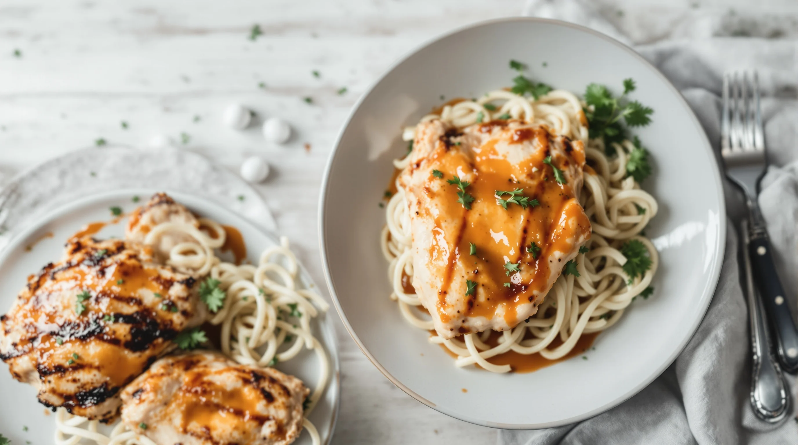 Overhead shot of golden roasted chicken on a rustic plate with lemon and rosemary, soft daylight