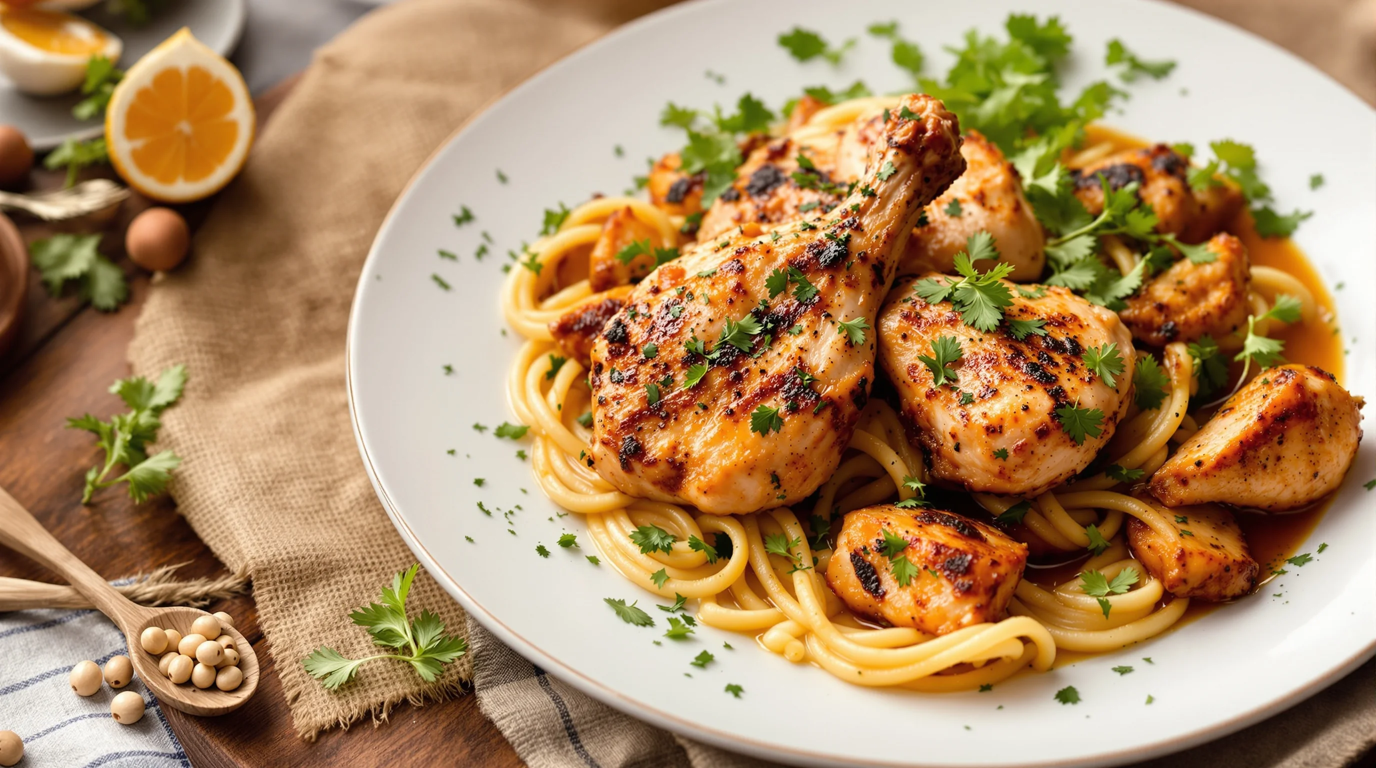 Three-quarter shot of a carved roast chicken with garnish and sauce being poured