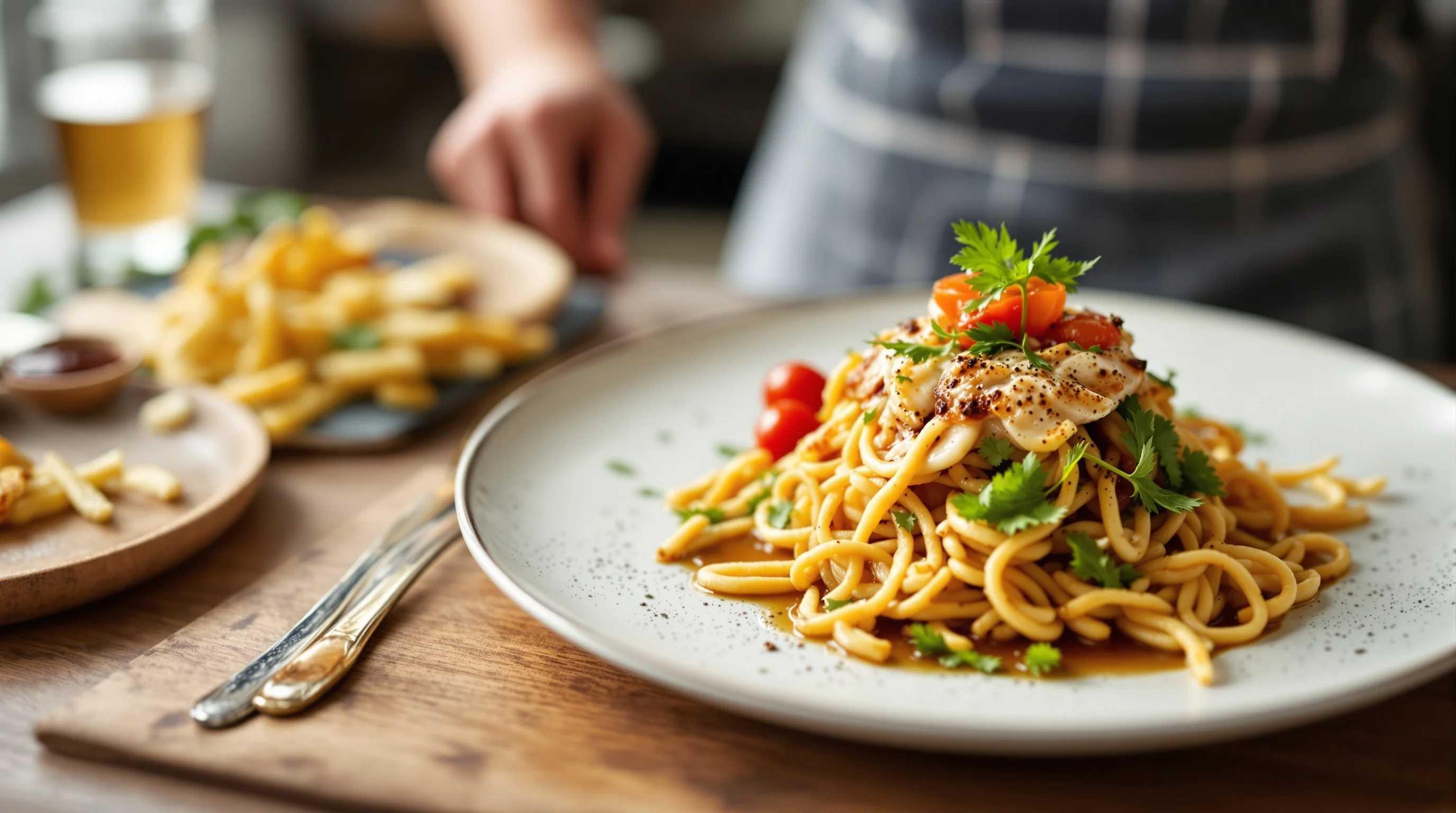Stylist and chef coordinating plating and timing during a restaurant photoshoot