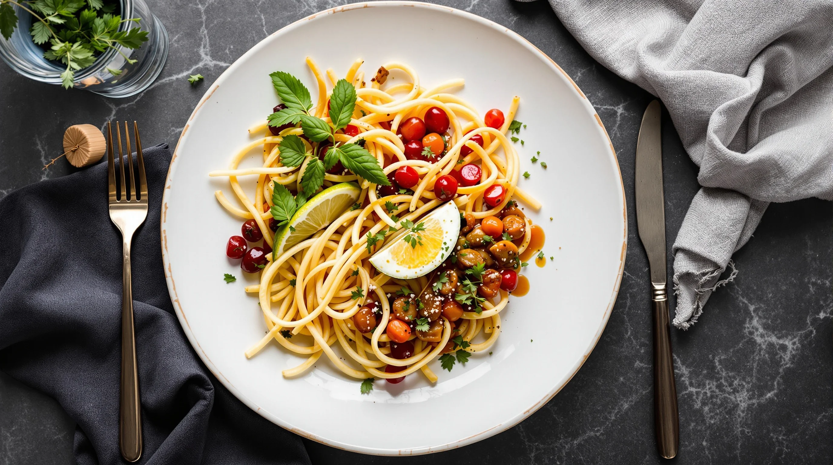 Bright overhead shot of a vibrant plated dish with fresh garnishes and minimal props