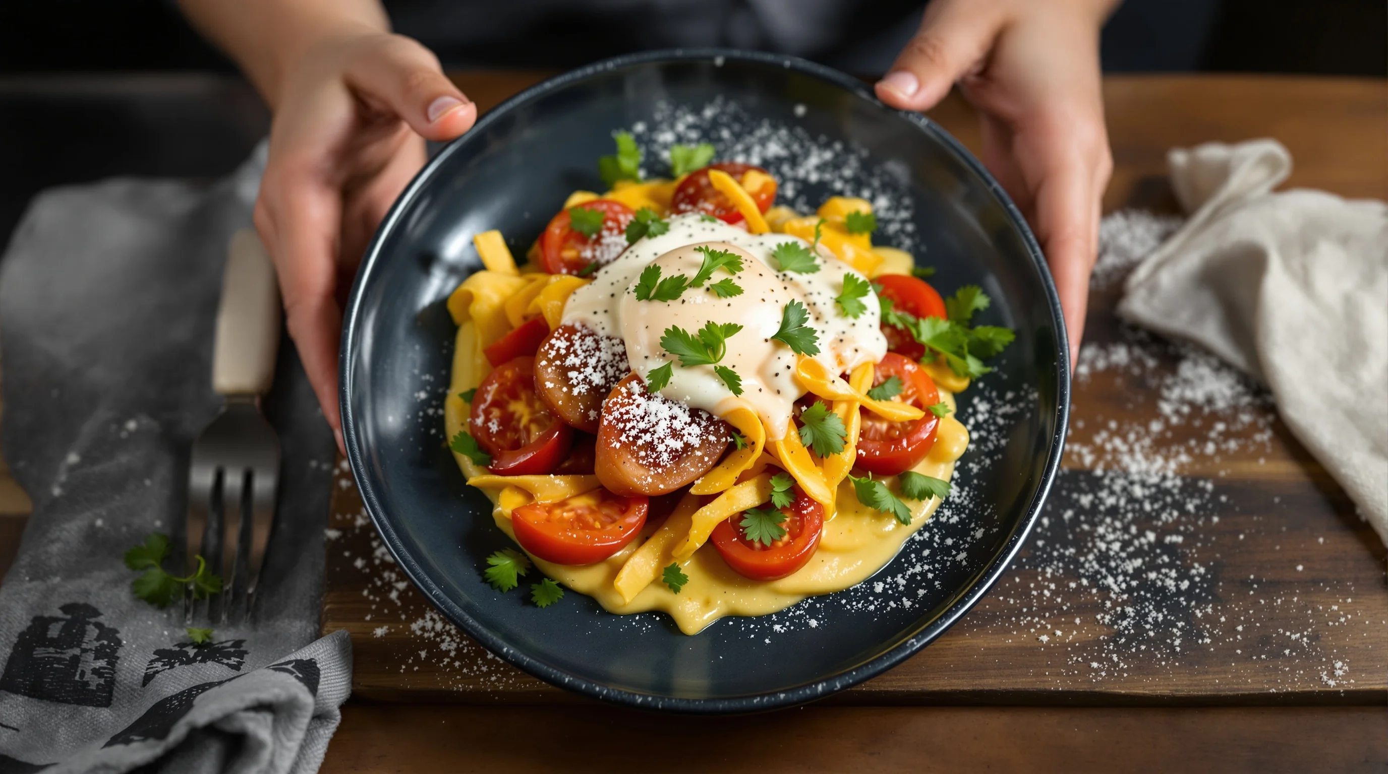 Video still of a server pouring sauce over a plated entrée, styled minimally