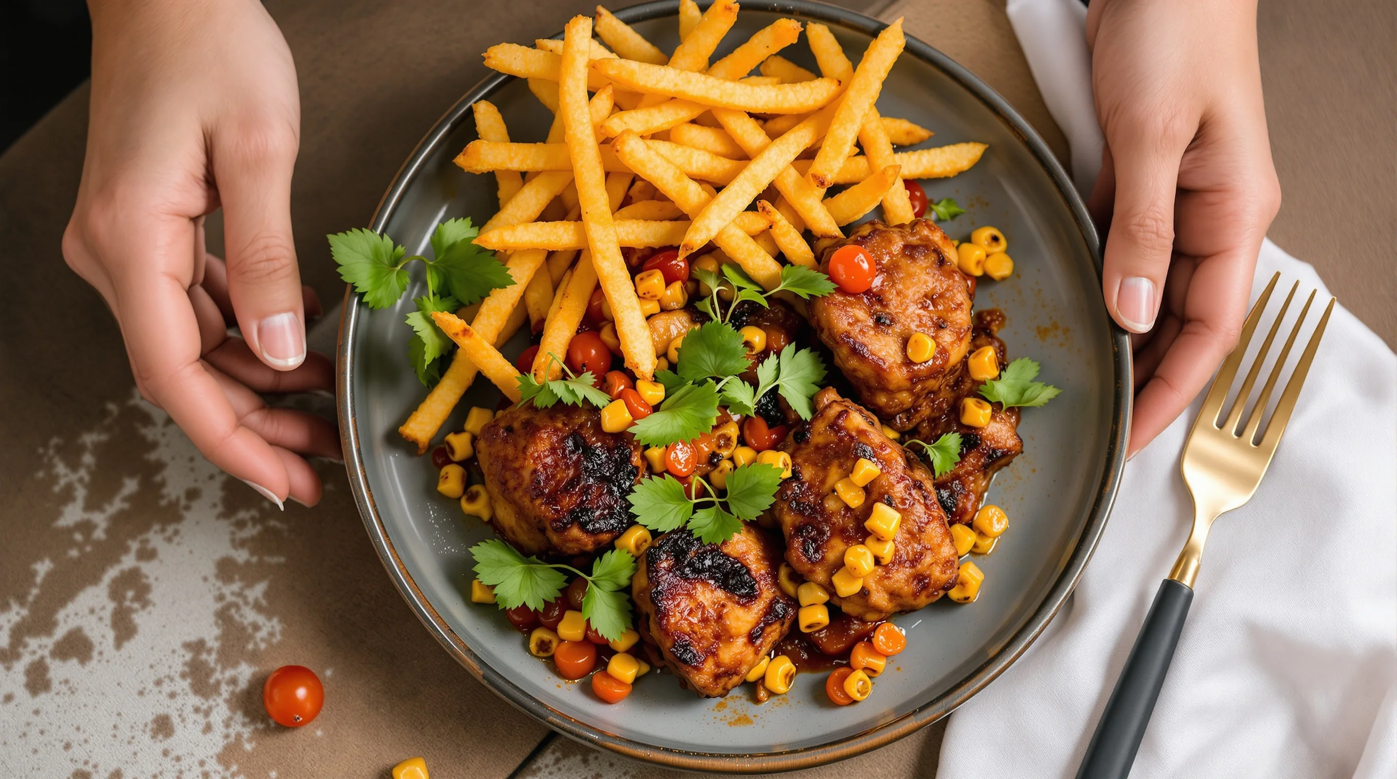 A chef photographing a brightly plated dish with a smartphone near a window