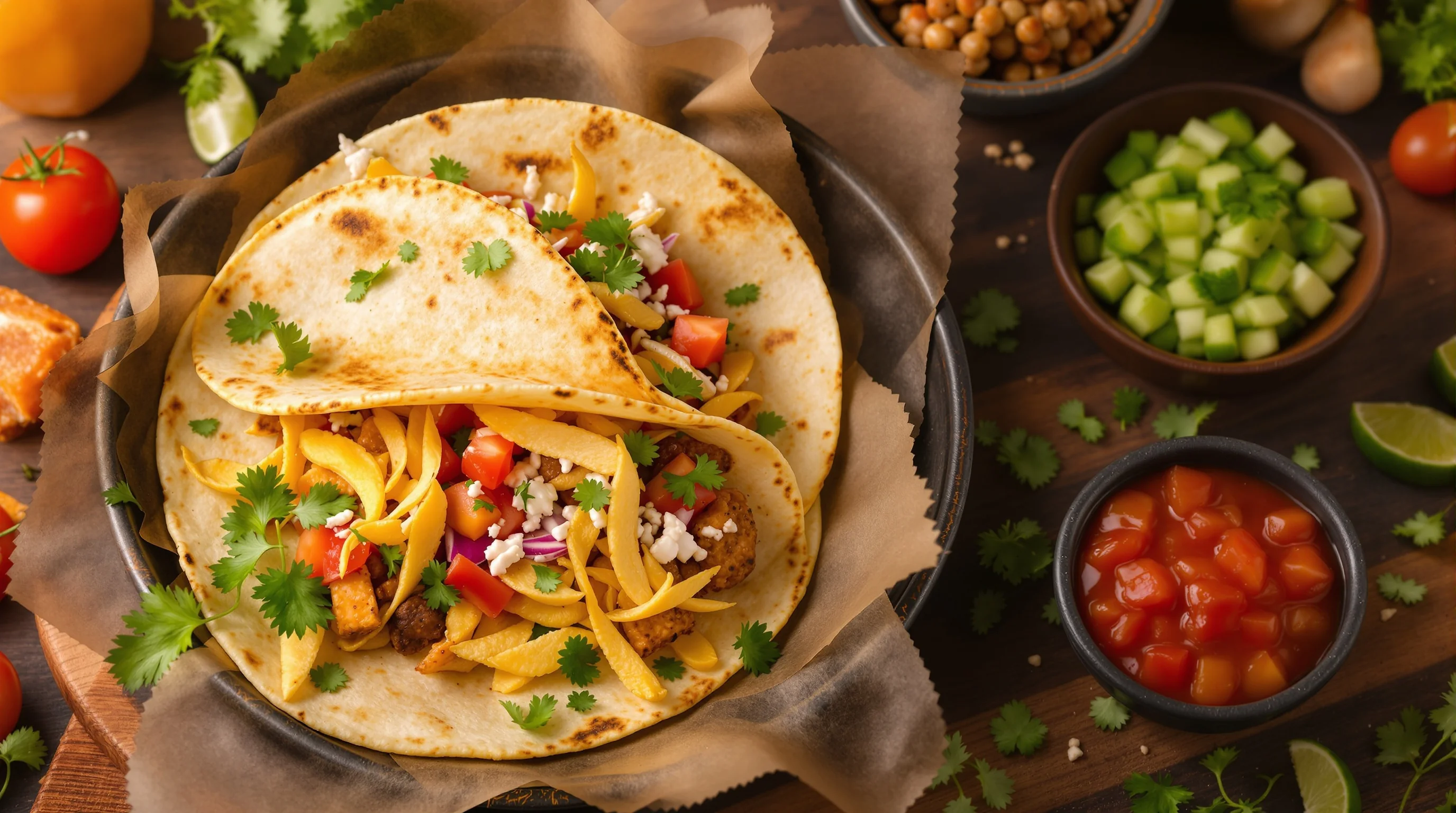 Three style variations of the same taco plate: bright, moody, and high-contrast