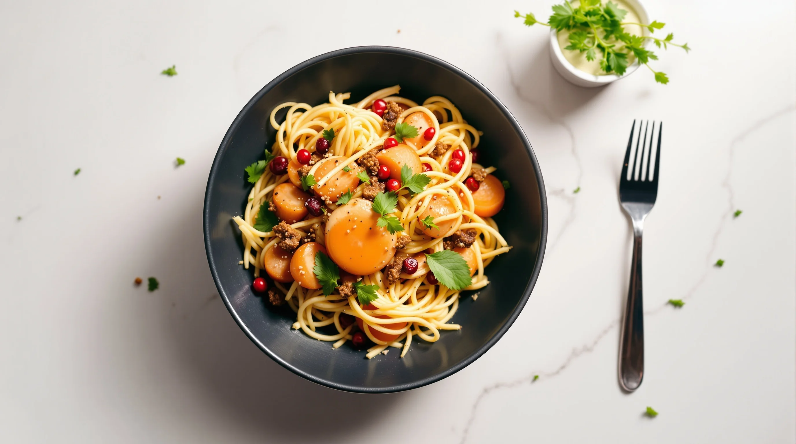 Phone on a compact overhead mount next to a plate, with a laptop showing YummyPic interface