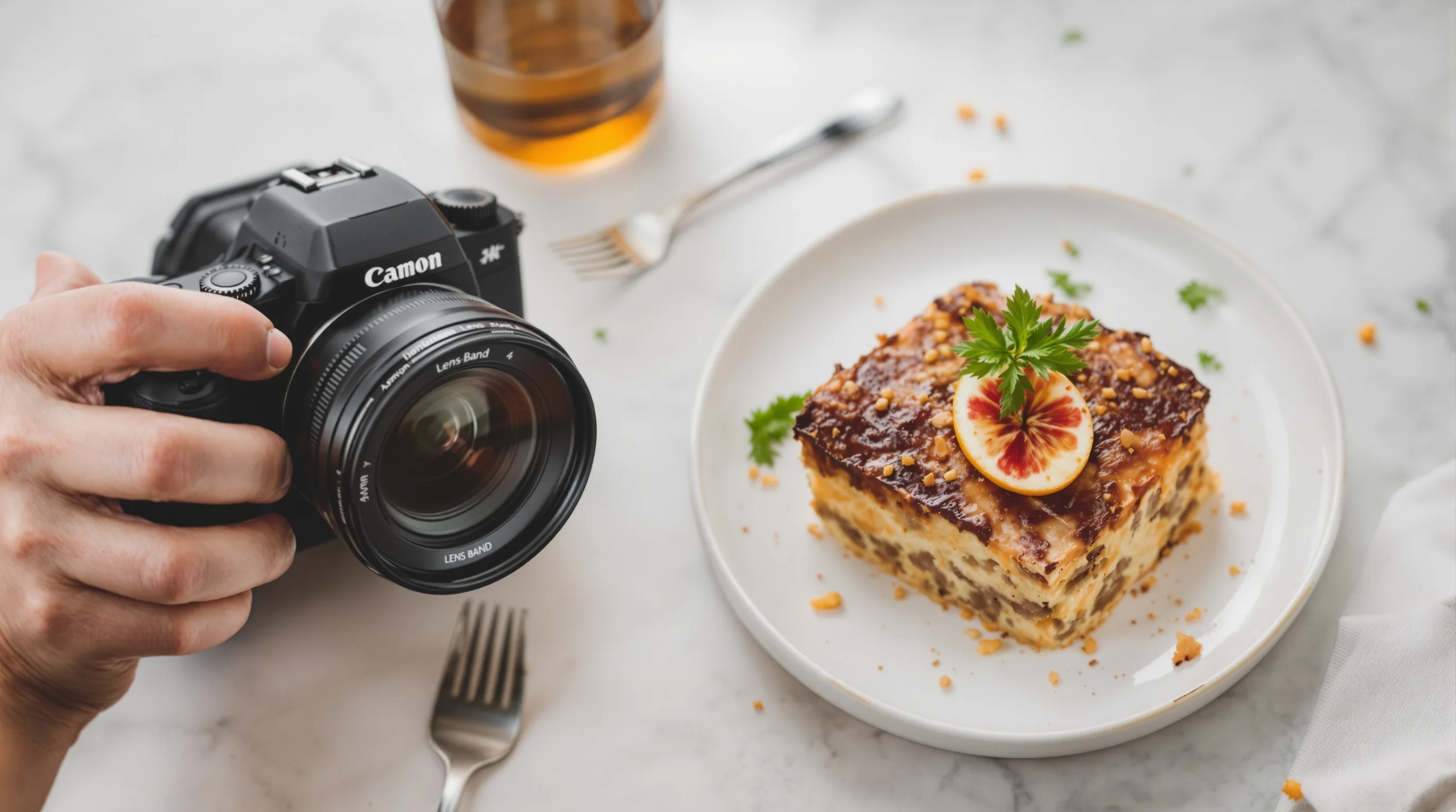 Tripod and lens setup for overhead food photography emphasizing stability